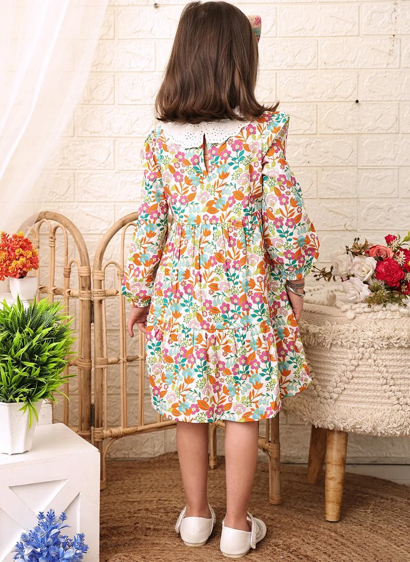 Nautinati Girls' 100% Cotton All-over Floral Print Fit & Flare Dress with Schiffli Peter Pan Collar